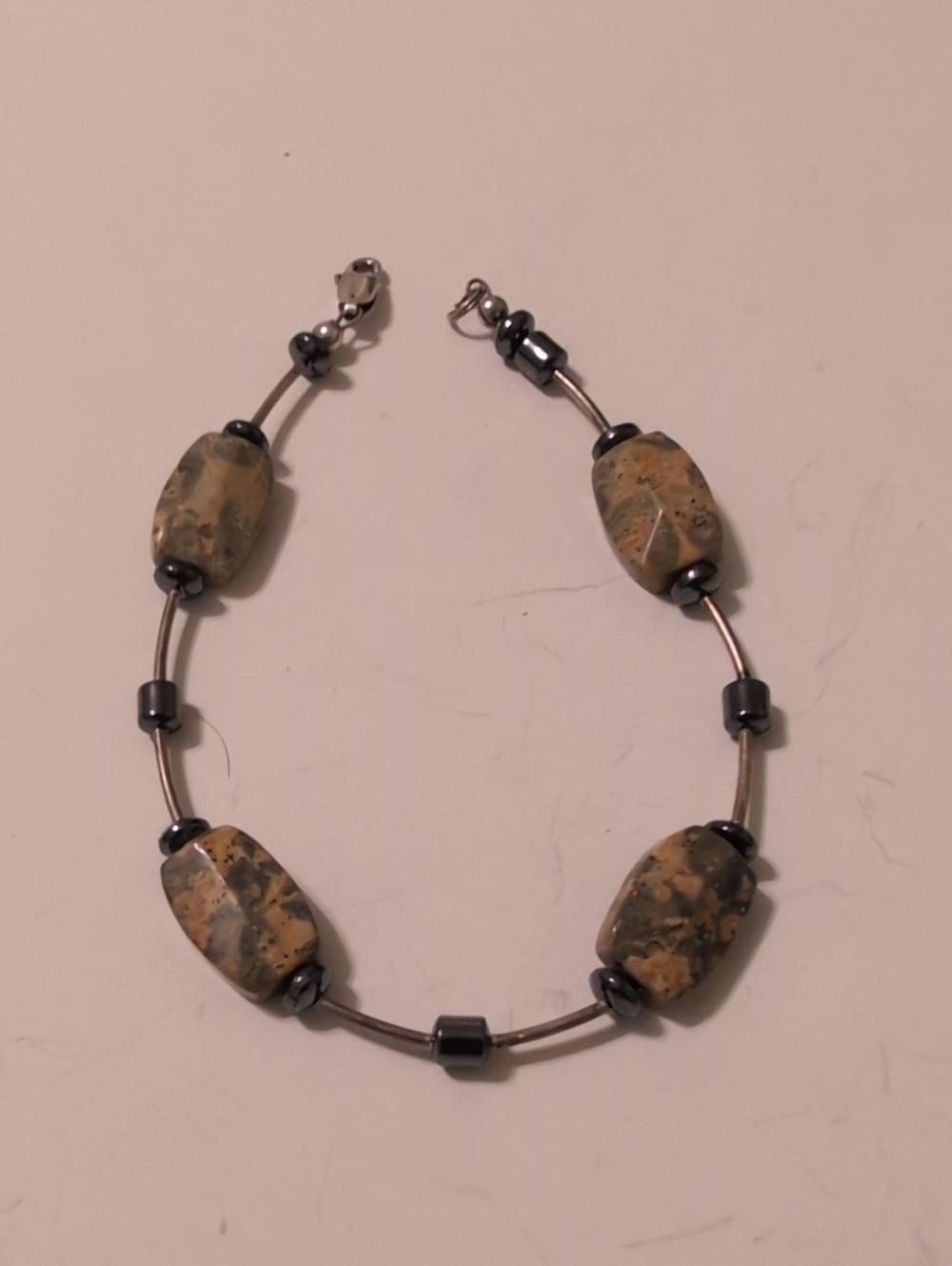 Neutral Jasper and Hematite Beaded Sterling Silver Bracelet